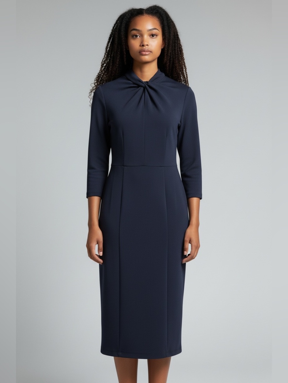 Donna Morgan Elegant Navy Twist-Neck Midi Dress Size 10